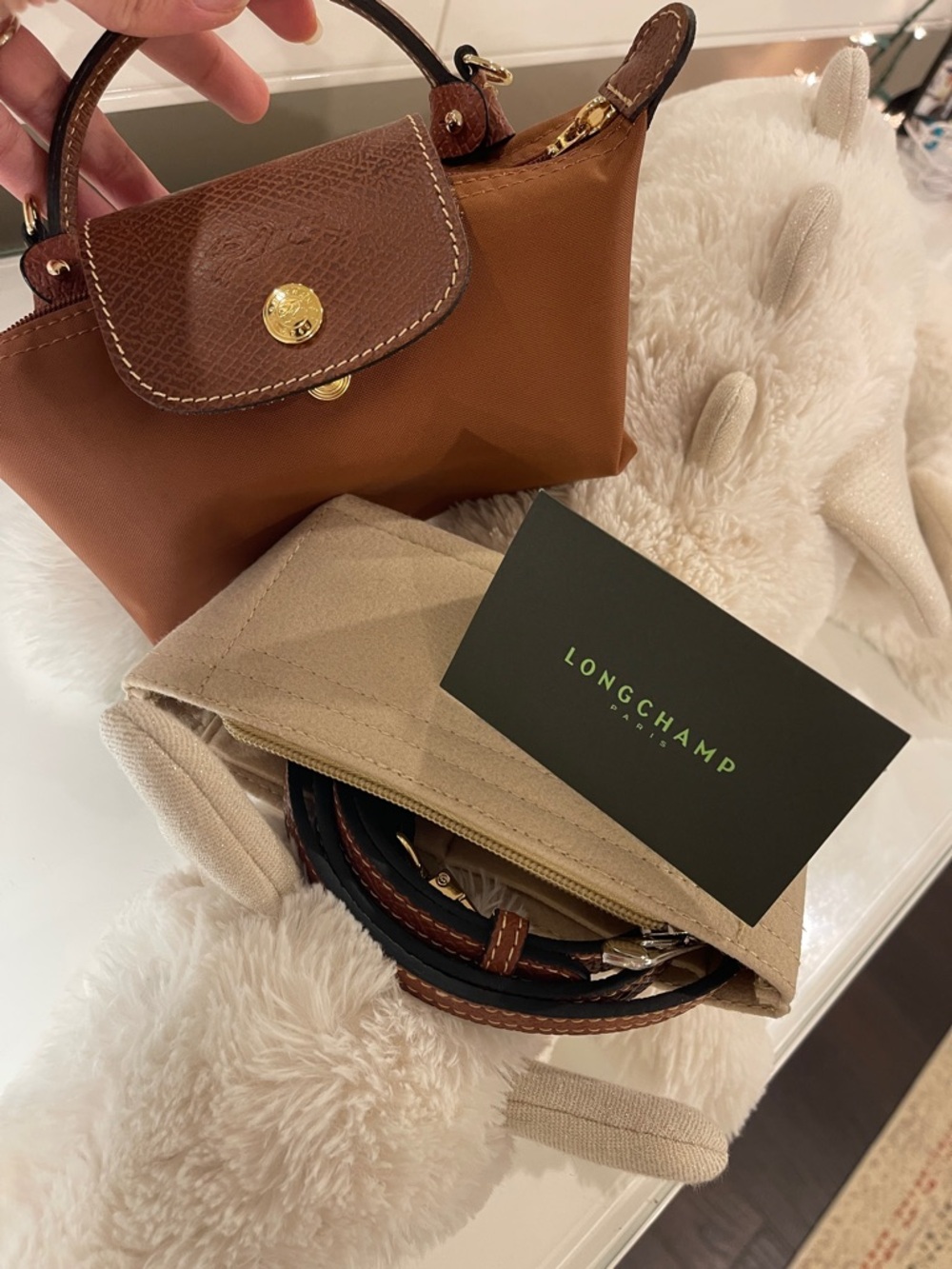 LONGCHAMP Le Pliage Mini Cognac Original Pouch Crossbody bag + Strap + Organizer